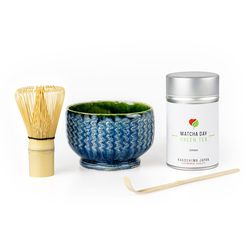 Matcha Day balík - Tradičná príprava zelený čaj - BIO Jimen 30g (plechovka) Farba misky (chawan): modrá